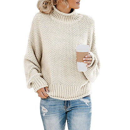 Solid Turtleneck Pullover Sweater Winter Fashion Casual Knitted Long-Sleeved Top Women&