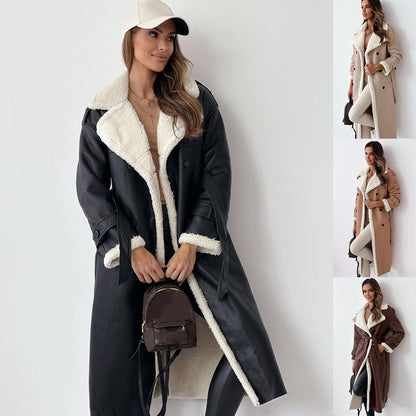Winter Jacket With Belt Fashion Double Breasted Lapel Windbreaker Women&