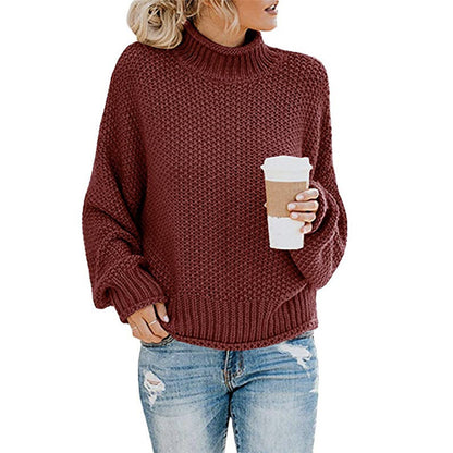 Solid Turtleneck Pullover Sweater Winter Fashion Casual Knitted Long-Sleeved Top Women&